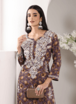 Hand Embroidered Lucknowi Chikankari Mulmul Cotton Kurti – Wine Leaves Print - Image 2