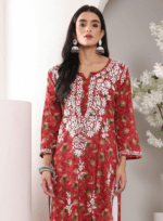 Hand Embroidered Lucknowi Chikankari Mulmul Cotton Kurti – Red Leaves Print - Image 2
