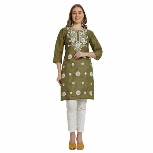 Mastanni Chikankari Mehndi Green Khadi Kurta