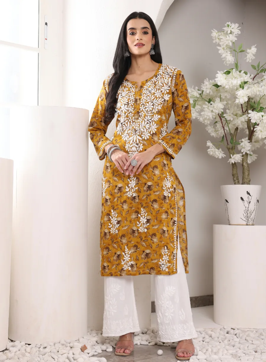 Lucknowi Chikankari Mulmul Cotton yellow Kurta