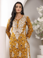 Hand Embroidered Lucknowi Chikankari Mulmul Cotton Kurti – Yellow Leaves Print - Image 2