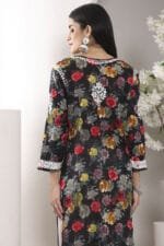 Hand Embroidered Lucknowi Chikankari Mulmul Cotton Kurti – Black Floral Print - Image 2