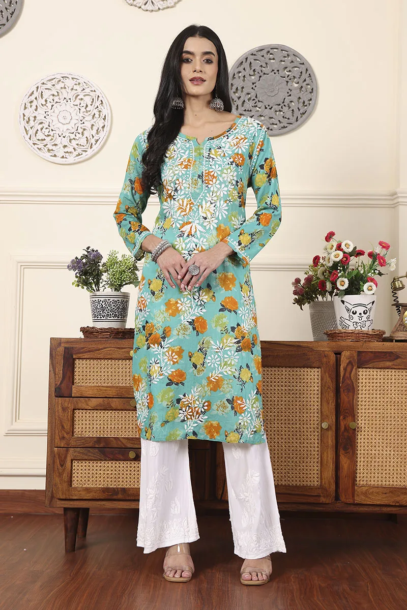 Chikankari Mulmul Cotton Kurti – Light Green Floral Print