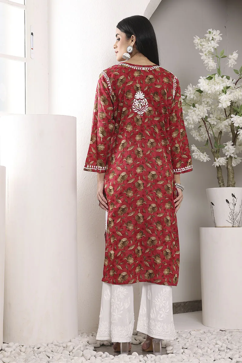 Lucknowi Chikankari Mulmul Cotton Read Kurta