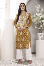 Hand Embroidered Lucknowi Chikankari Mulmul Cotton Kurti – Yellow Leaves Print