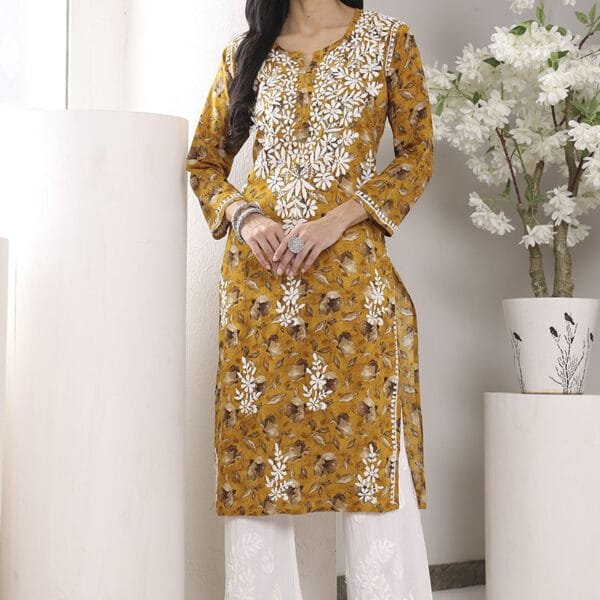 Hand Embroidered Lucknowi Chikankari Mulmul Cotton Kurti – Yellow Leaves Print