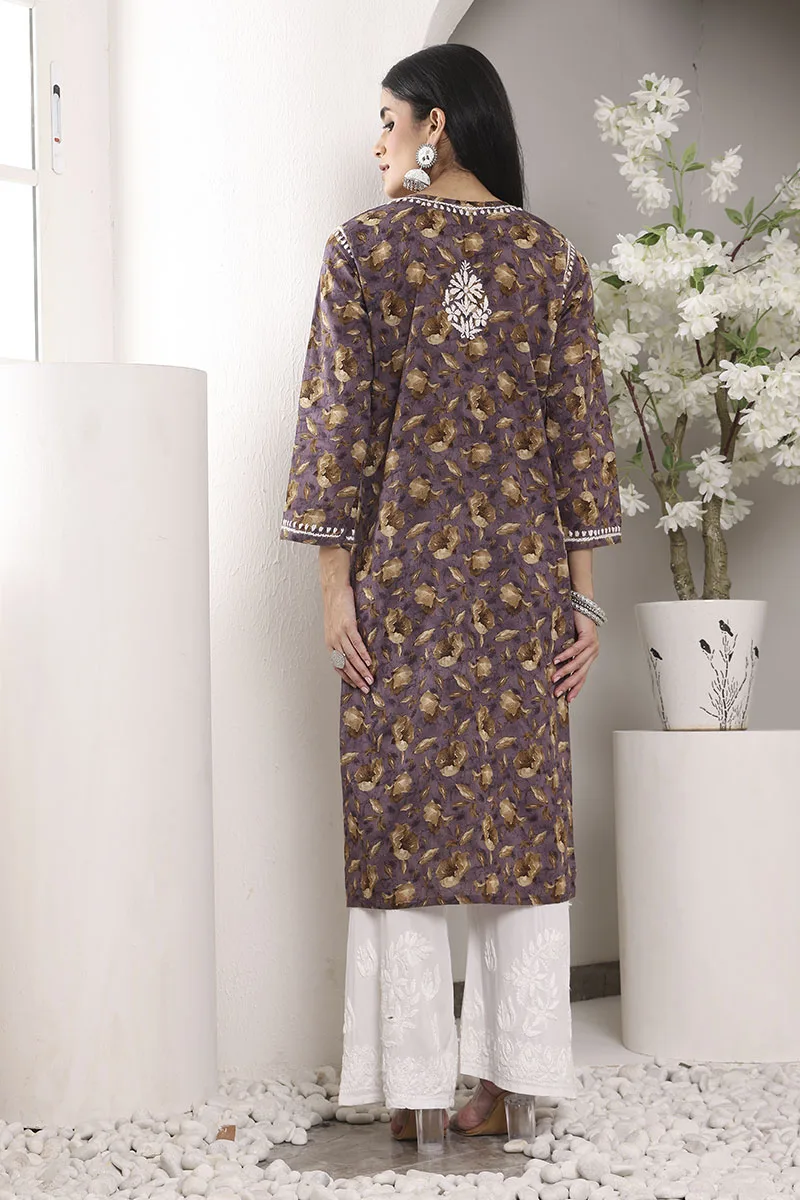 Lucknowi Chikankari Mulmul Cotton Wine Kurta