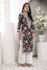 Hand Embroidered Lucknowi Chikankari Mulmul Cotton Kurti – Black Floral Print - Image 10