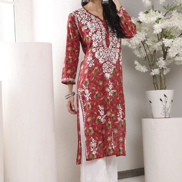 Lucknowi Chikankari Mulmul Cotton Red Kurta