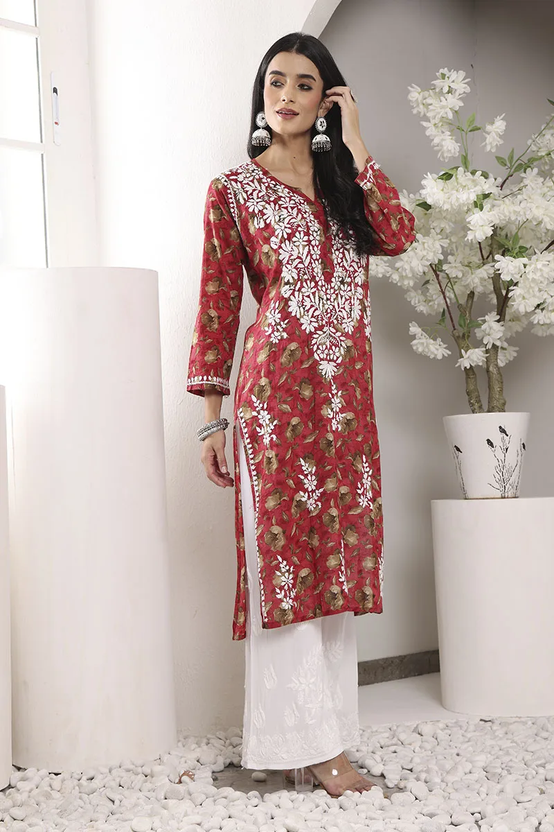 Lucknowi Chikankari Mulmul Cotton Red Kurta