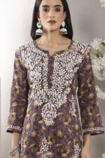 Hand Embroidered Lucknowi Chikankari Mulmul Cotton Kurti – Wine Leaves Print - Image 9