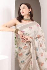 Off White Banarasi Silk Saree - Luxurious Katan Silk Saree with Golden Zari Work and Matching Blouse Piece - Image 6