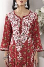 Hand Embroidered Lucknowi Chikankari Mulmul Cotton Kurti – Red Leaves Print - Image 12