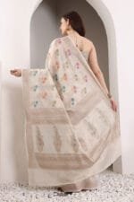 Off White Banarasi Silk Saree - Luxurious Katan Silk Saree with Golden Zari Work and Matching Blouse Piece - Image 8