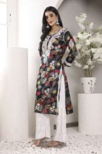 Hand Embroidered Lucknowi Chikankari Mulmul Cotton Kurti – Black Floral Print - Image 11