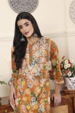Hand Embroidered Lucknowi Chikankari Mulmul Cotton Kurti – Turmeric Yellow Floral Print - Image 6