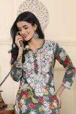 Hand Embroidered Lucknowi Chikankari Mulmul Cotton Kurti – Green Floral Print - Image 12