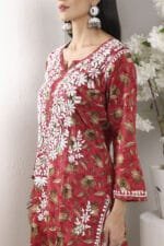 Hand Embroidered Lucknowi Chikankari Mulmul Cotton Kurti – Red Leaves Print - Image 13