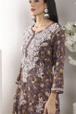 Hand Embroidered Lucknowi Chikankari Mulmul Cotton Kurti – Wine Leaves Print - Image 8