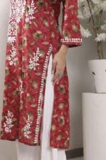 Hand Embroidered Lucknowi Chikankari Mulmul Cotton Kurti – Red Leaves Print - Image 14