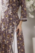 Hand Embroidered Lucknowi Chikankari Mulmul Cotton Kurti – Wine Leaves Print - Image 10