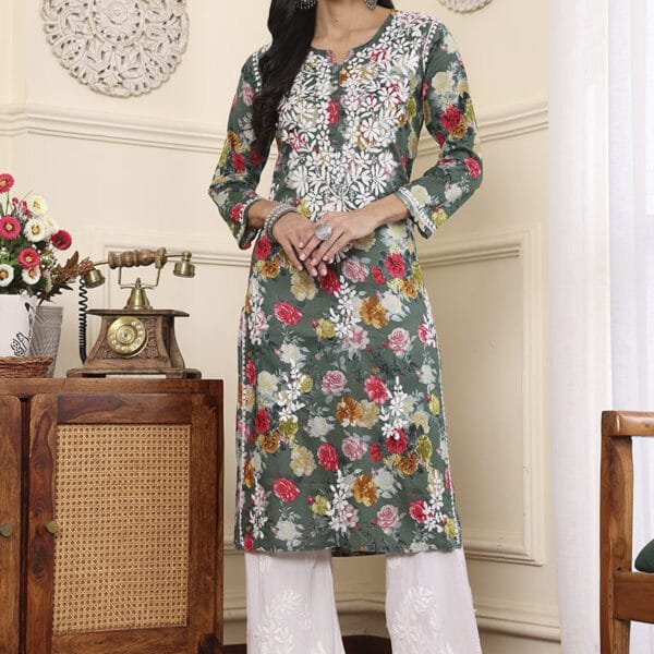 Lucknowi Chikankari Mulmul Cotton Kurti – Green Floral