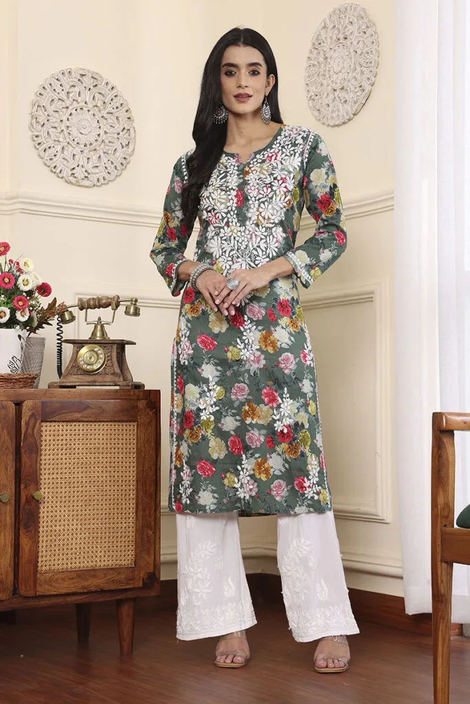 Lucknowi Chikankari Mulmul Cotton Kurti – Green Floral