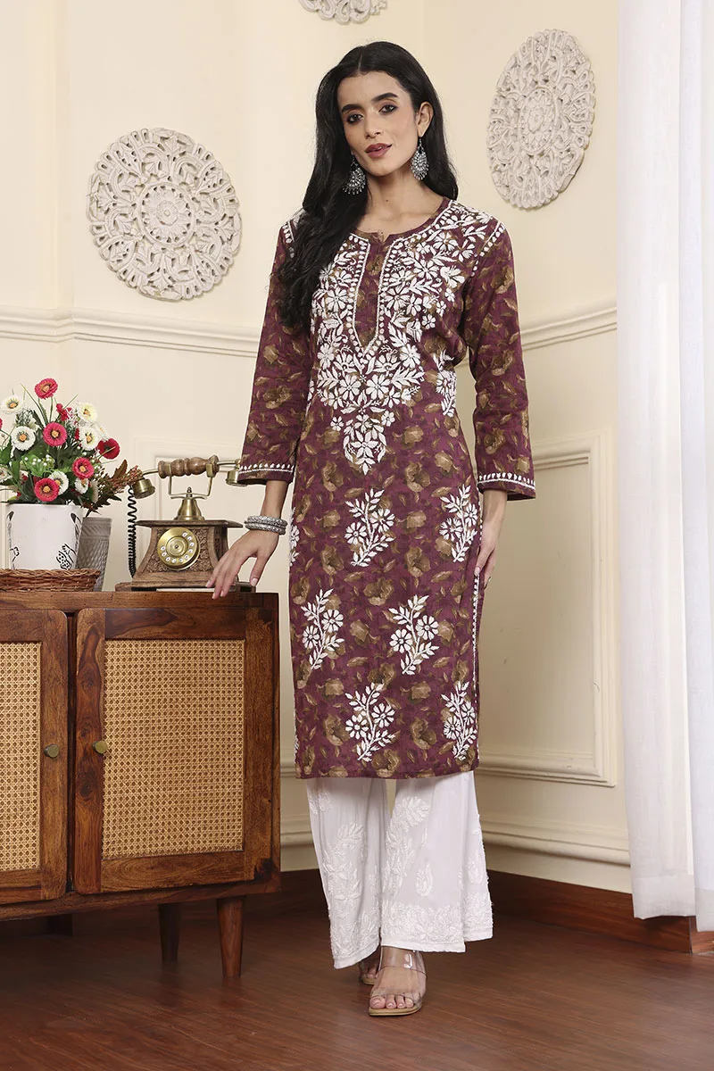 Lucknowi Chikankari Mulmul Cotton Meharoon Kurta