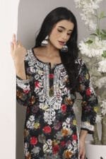 Hand Embroidered Lucknowi Chikankari Mulmul Cotton Kurti – Black Floral Print - Image 3