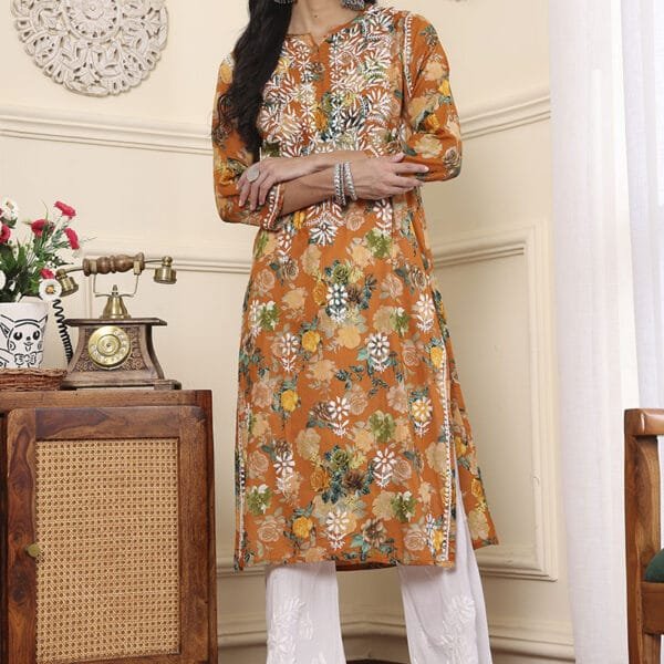 Chikankari Mulmul Cotton Kurti – Turmeric Yellow Floral Print