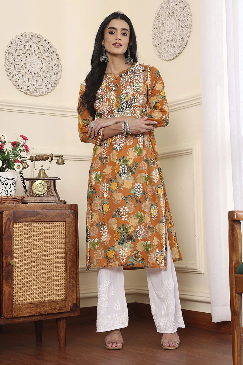 Chikankari Mulmul Cotton Kurti – Turmeric Yellow Floral Print