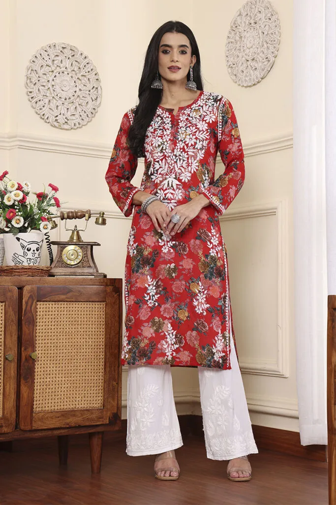 Chikankari Mulmul Cotton Kurti – Red Floral Print