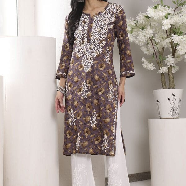 Lucknowi Chikankari Mulmul Cotton Wine Kurta