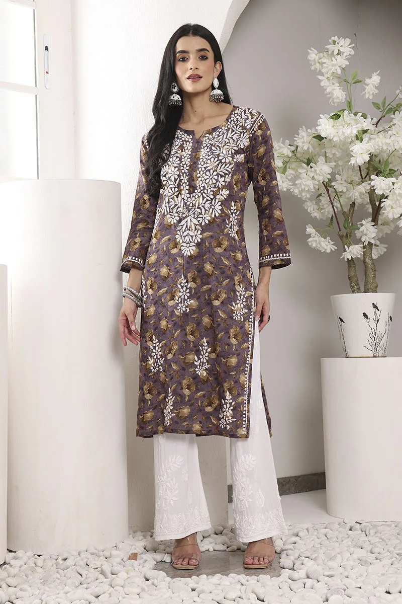 Lucknowi Chikankari Mulmul Cotton Wine Kurta