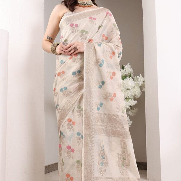 Off White Banarasi Silk Saree