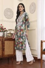 Hand Embroidered Lucknowi Chikankari Mulmul Cotton Kurti – Green Floral Print - Image 3
