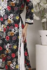 Hand Embroidered Lucknowi Chikankari Mulmul Cotton Kurti – Black Floral Print - Image 4