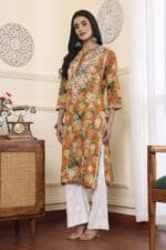 Hand Embroidered Lucknowi Chikankari Mulmul Cotton Kurti – Turmeric Yellow Floral Print - Image 3