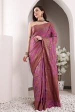 Magenta-Red Banarasi Silk Saree - Luxurious Katan Silk Saree with Golden Zari Work and Matching Blouse Piece - Image 4