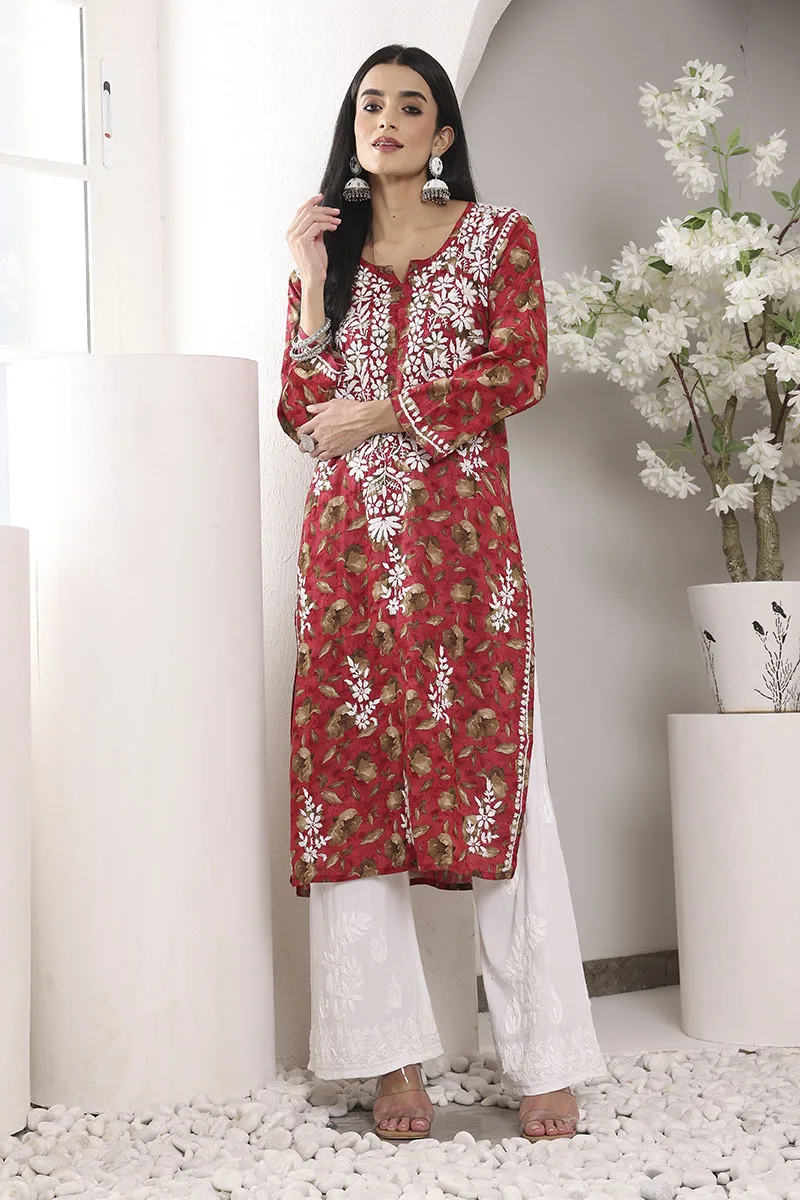 Lucknowi Chikankari Mulmul Cotton Red Kurta