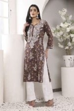 Hand Embroidered Lucknowi Chikankari Mulmul Cotton Kurti – Wine Leaves Print - Image 4