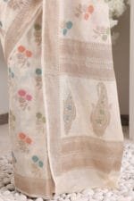 Off White Banarasi Silk Saree - Luxurious Katan Silk Saree with Golden Zari Work and Matching Blouse Piece - Image 7
