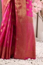 Pink Banarasi Silk Saree - Luxurious Katan Silk Saree with Golden Zari Work and Matching Blouse Piece - Image 8