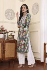 Hand Embroidered Lucknowi Chikankari Mulmul Cotton Kurti – Green Floral Print - Image 4