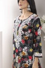 Hand Embroidered Lucknowi Chikankari Mulmul Cotton Kurti – Black Floral Print - Image 5