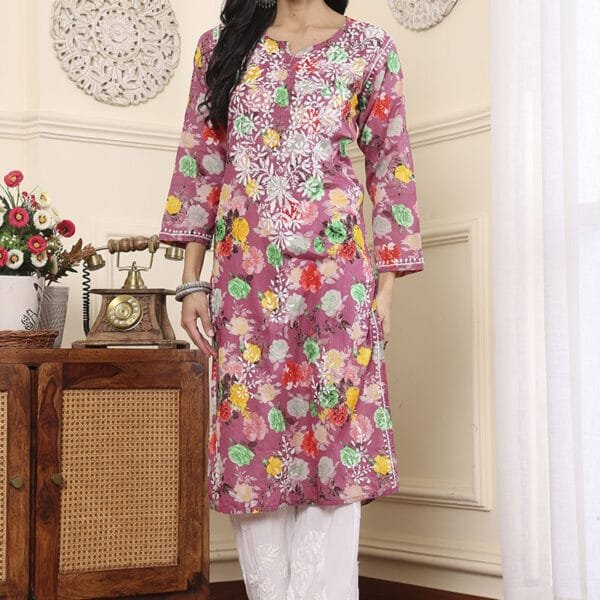 Chikankari Mulmul Cotton Kurti – Pink Floral Print