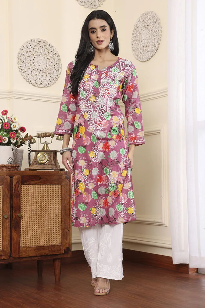 Chikankari Mulmul Cotton Kurti – Pink Floral Print