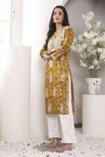 Hand Embroidered Lucknowi Chikankari Mulmul Cotton Kurti – Yellow Leaves Print - Image 6