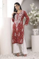 Hand Embroidered Lucknowi Chikankari Mulmul Cotton Kurti – Red Leaves Print - Image 5