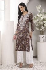 Hand Embroidered Lucknowi Chikankari Mulmul Cotton Kurti – Wine Leaves Print - Image 5